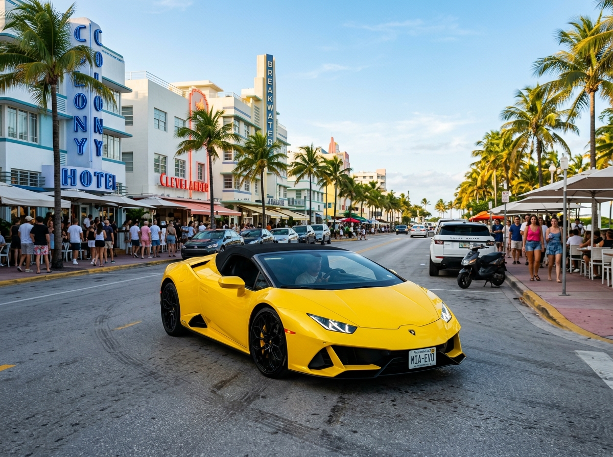2021 Lamborghini Huracan EVO in Miami — yellow exotic supercar on South Beach street
