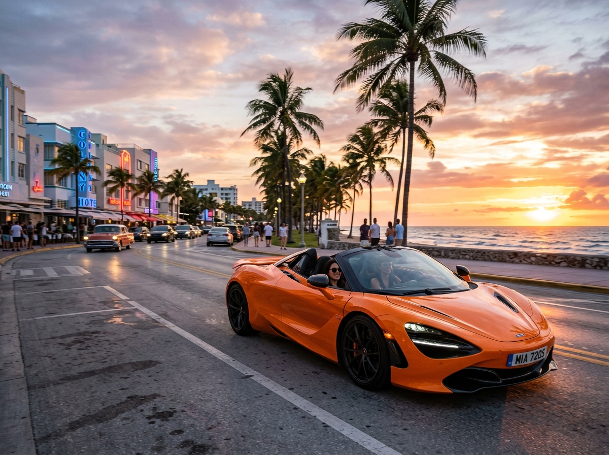 2021 McLaren 720S Spider convertible exotic car in Miami Beach — open top British supercar at sunset