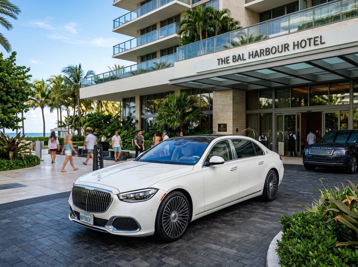 2024 Mercedes-Benz Maybach S680 ultra luxury sedan in Miami — white Maybach at Bal Harbour hotel